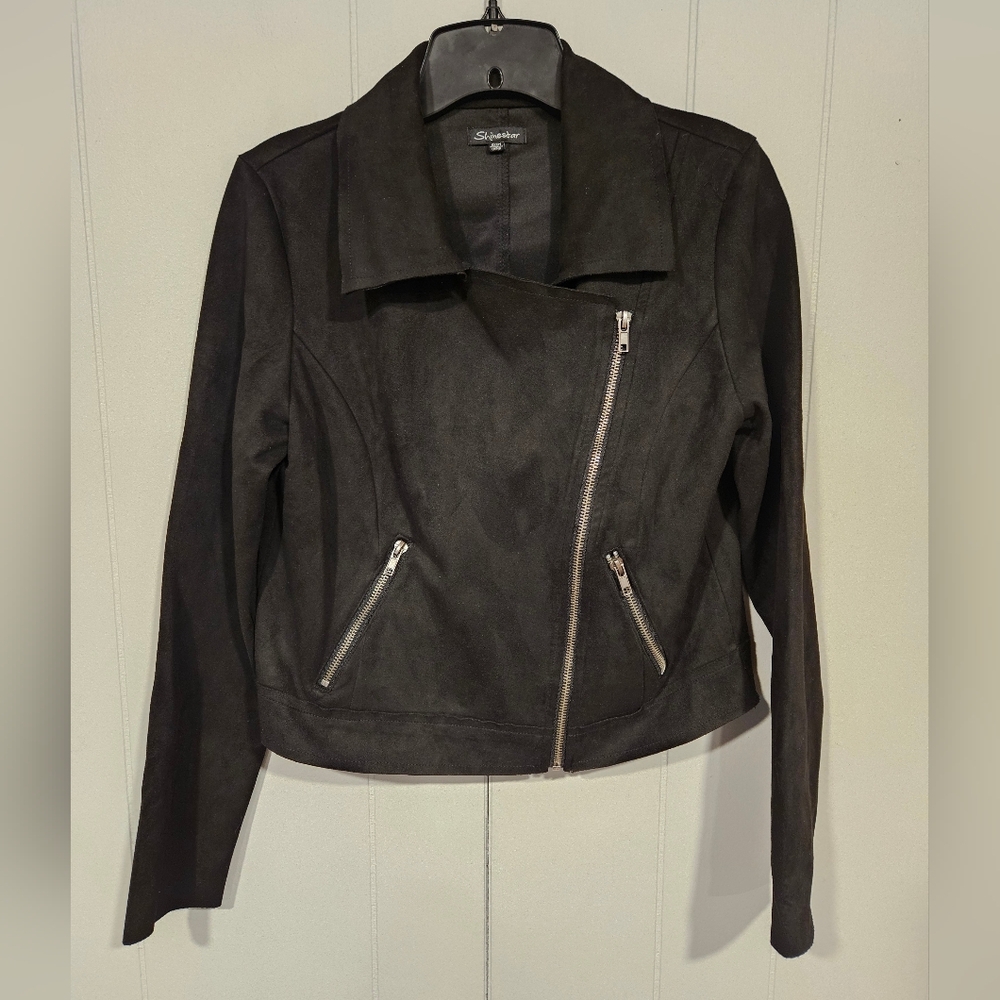 Shinestar Moto Jacket Womens Small Black Faux Suede Zip Up Biker Motorcycle